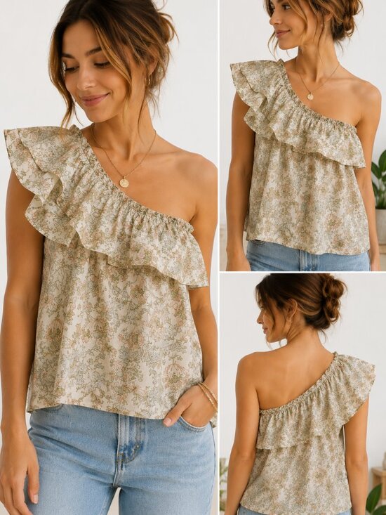 Happy X Nature Tops - Happy Nature One Shoulder Floral Ruffle Top Women’s Medium Cottagecore Boho